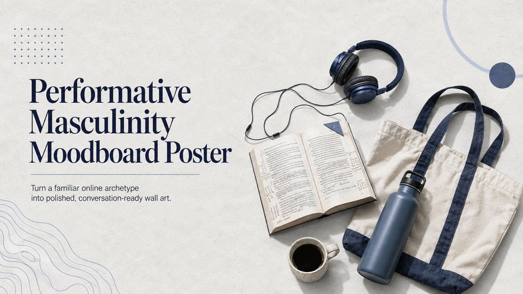 Performative masculinity moodboard poster cover with minimalist grey and blue typography and curated lifestyle objects.