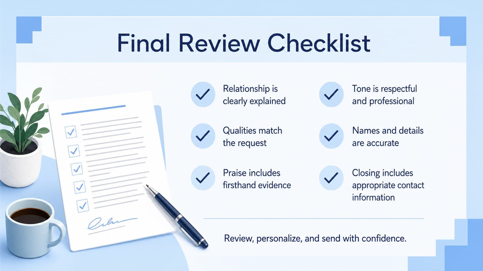 Formal character endorsement review checklist in a simple pastel blue presentation layout.