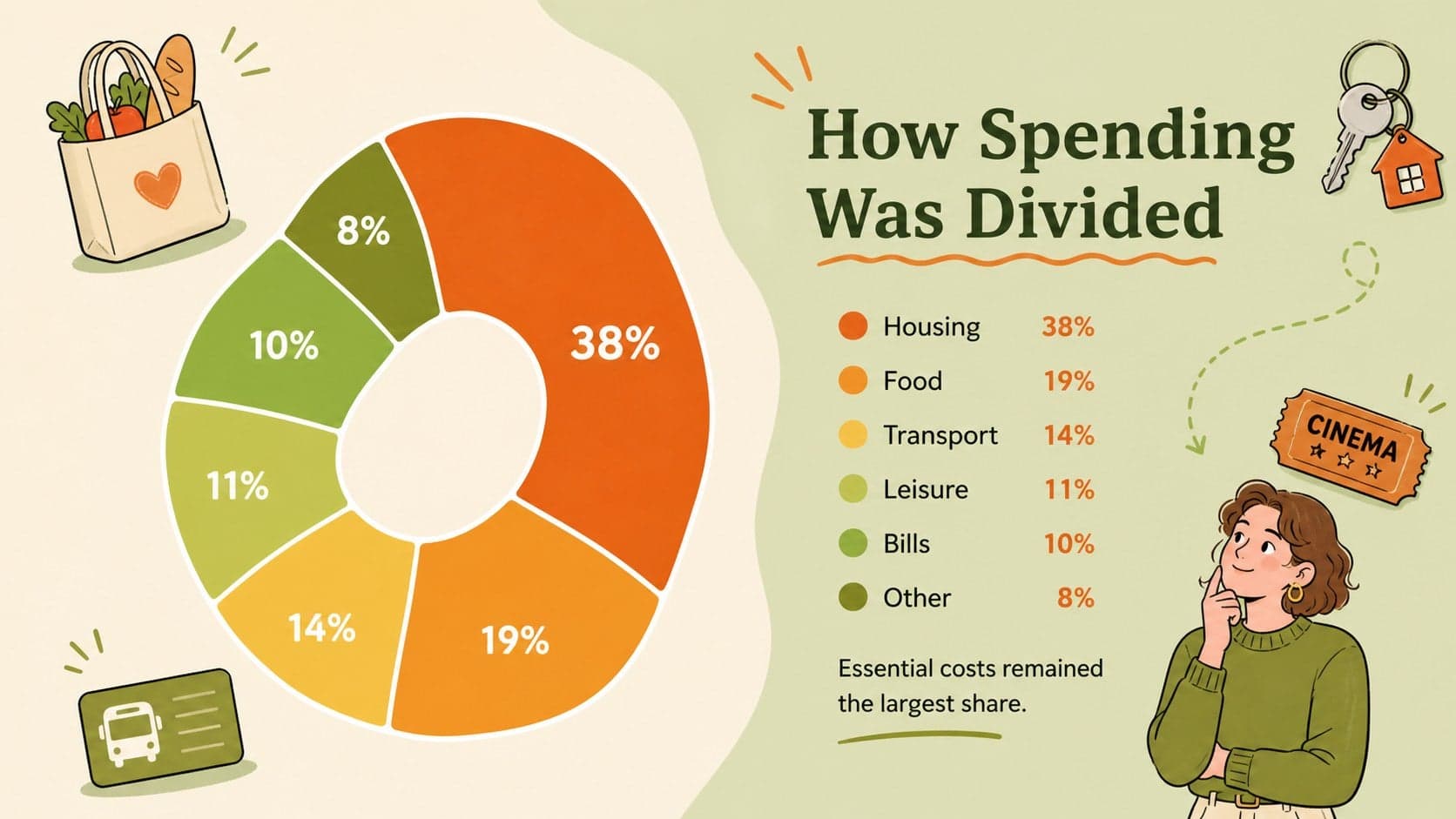 Yearly budget recap slide with a colorful spending category chart and expense labels.