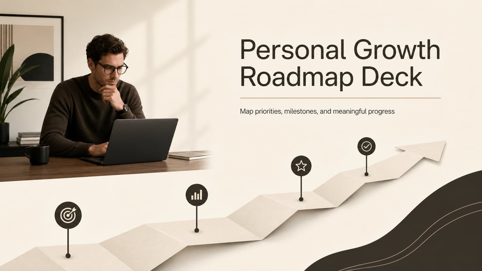 Cover slide presenting a personal growth roadmap deck with a warm beige and brown editorial design.
