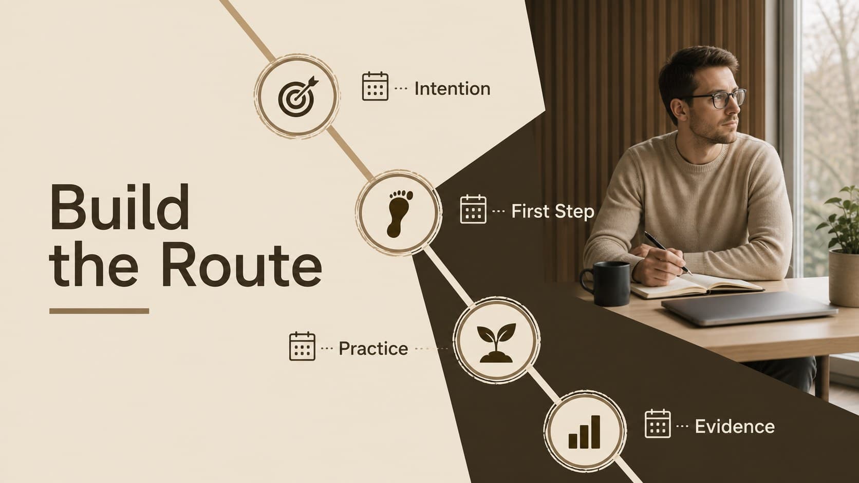 Milestone planning presentation slide with a horizontal sequence from intention to result.