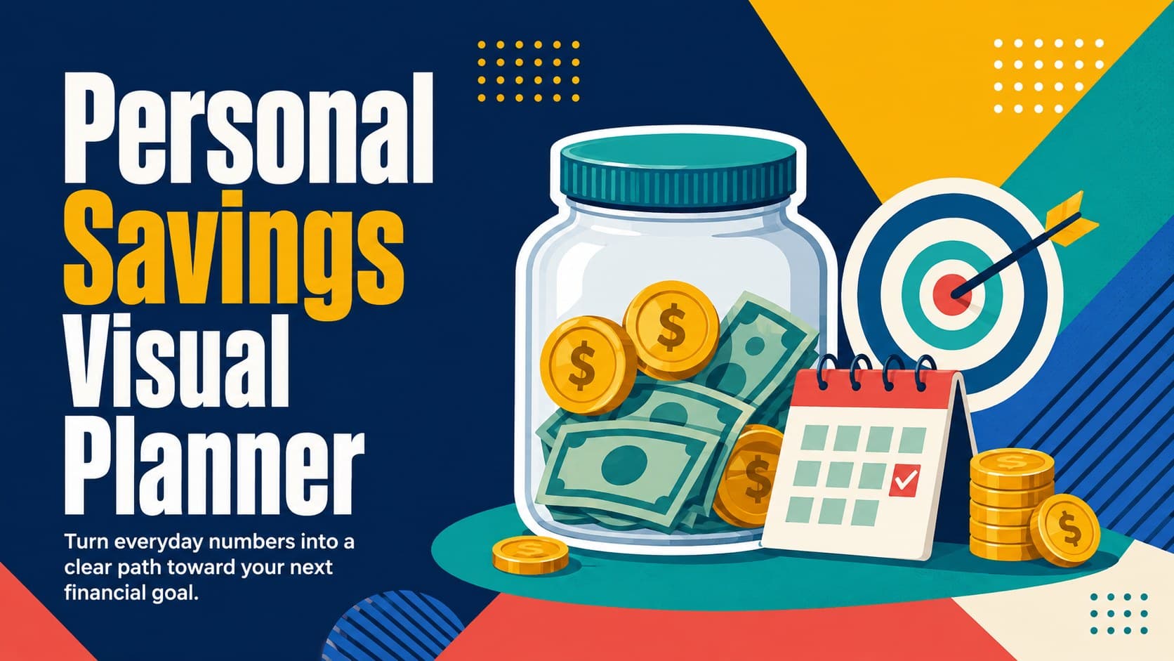 Colorful Personal Savings Visual Planner cover with a goal jar, coins, and simple financial symbols.