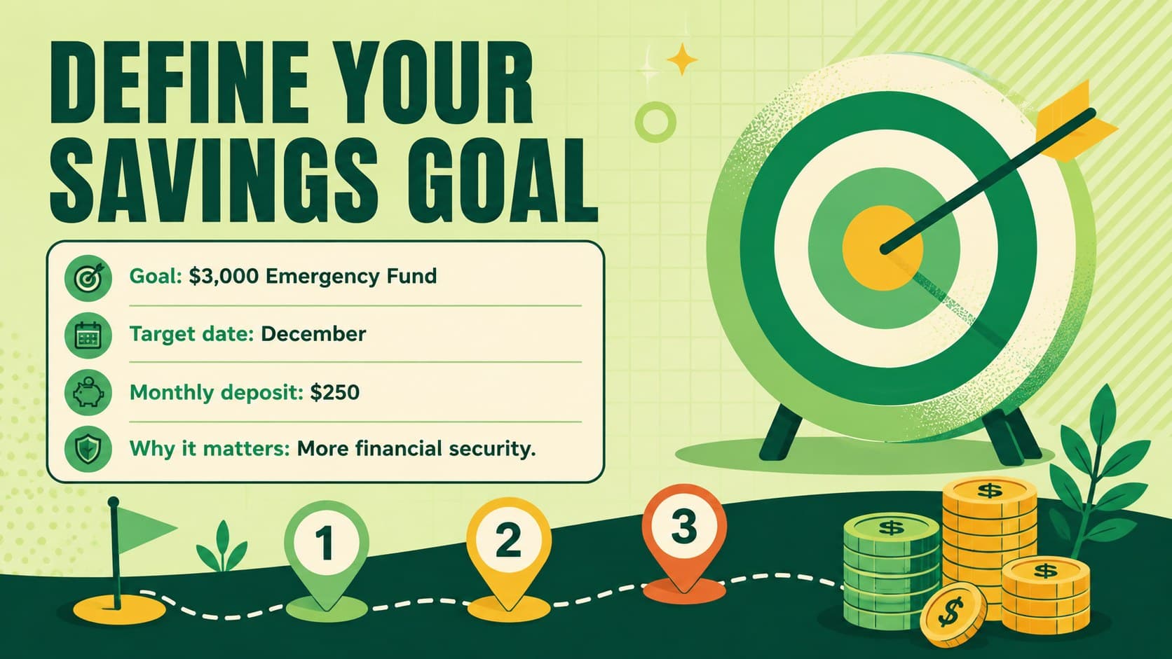 Personal savings goal planner showing a target amount, purpose, deadline, and monthly contribution.
