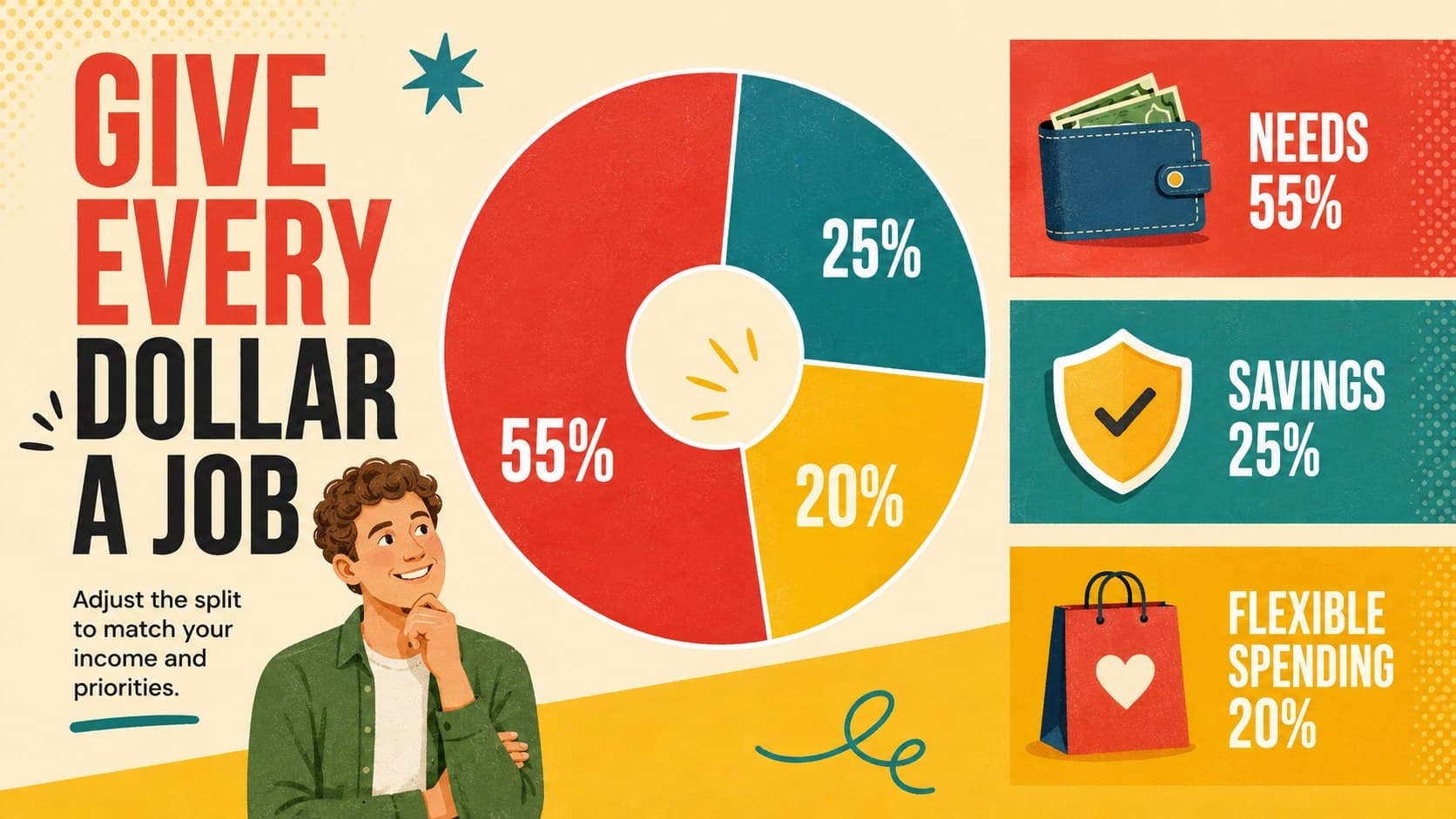 Colorful budget infographic slide comparing needs, savings, and flexible spending categories.