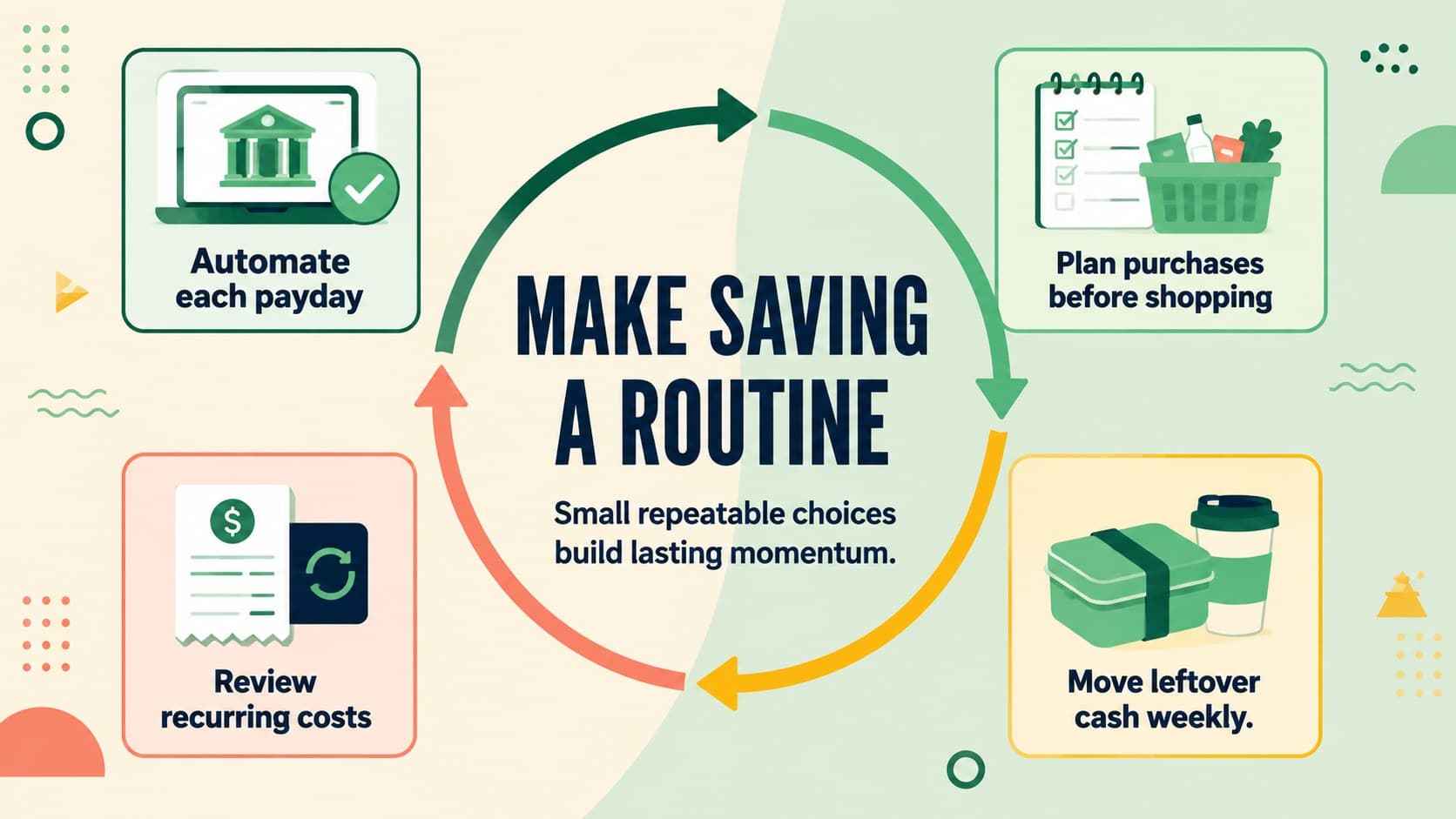 Money habits presentation template featuring four practical ways to save consistently.