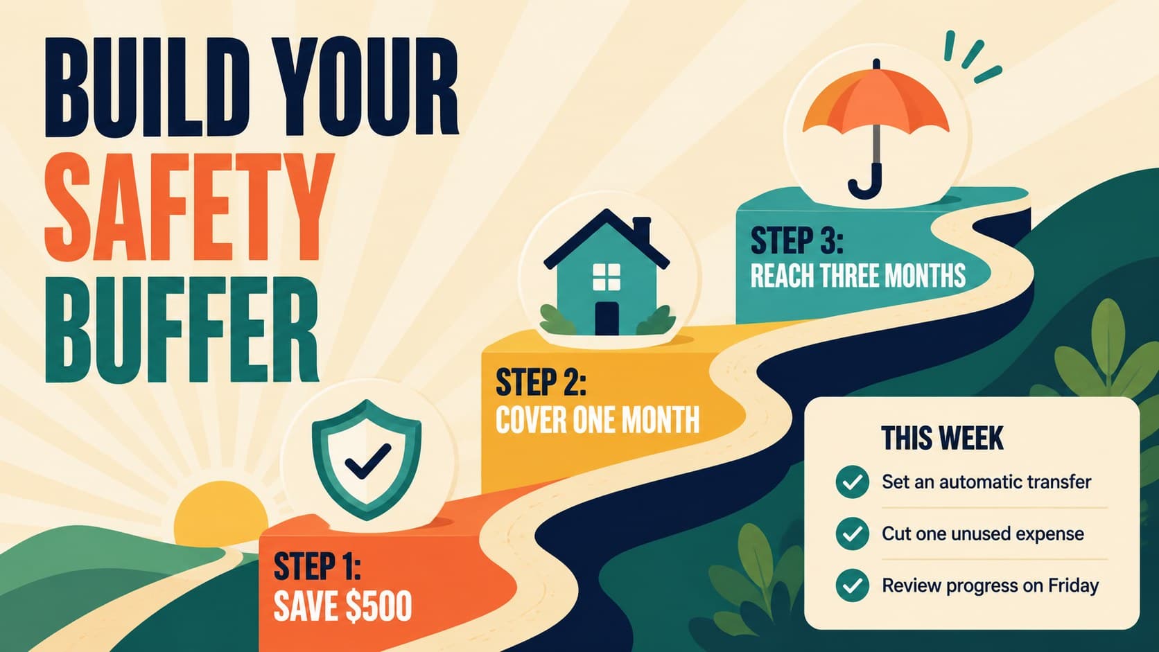 Emergency fund planning slide with three milestones and a simple weekly action checklist.