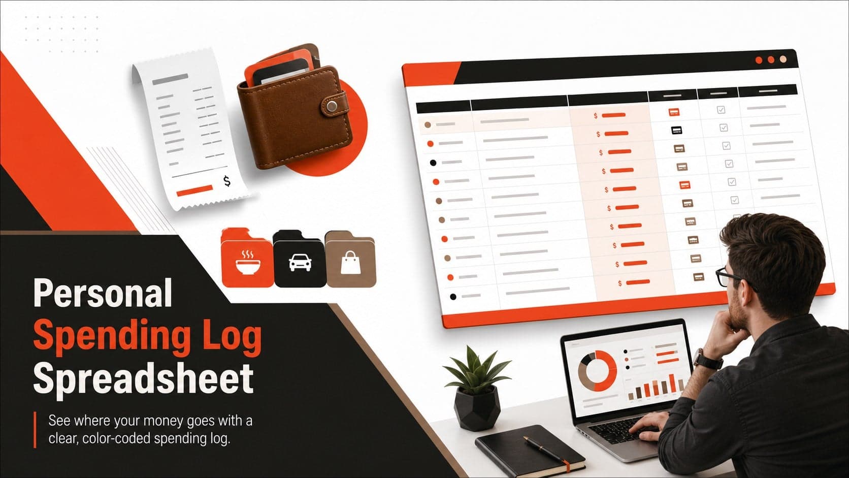Cover preview for a personal spending log spreadsheet with bold orange, red, brown, and black financial graphics.
