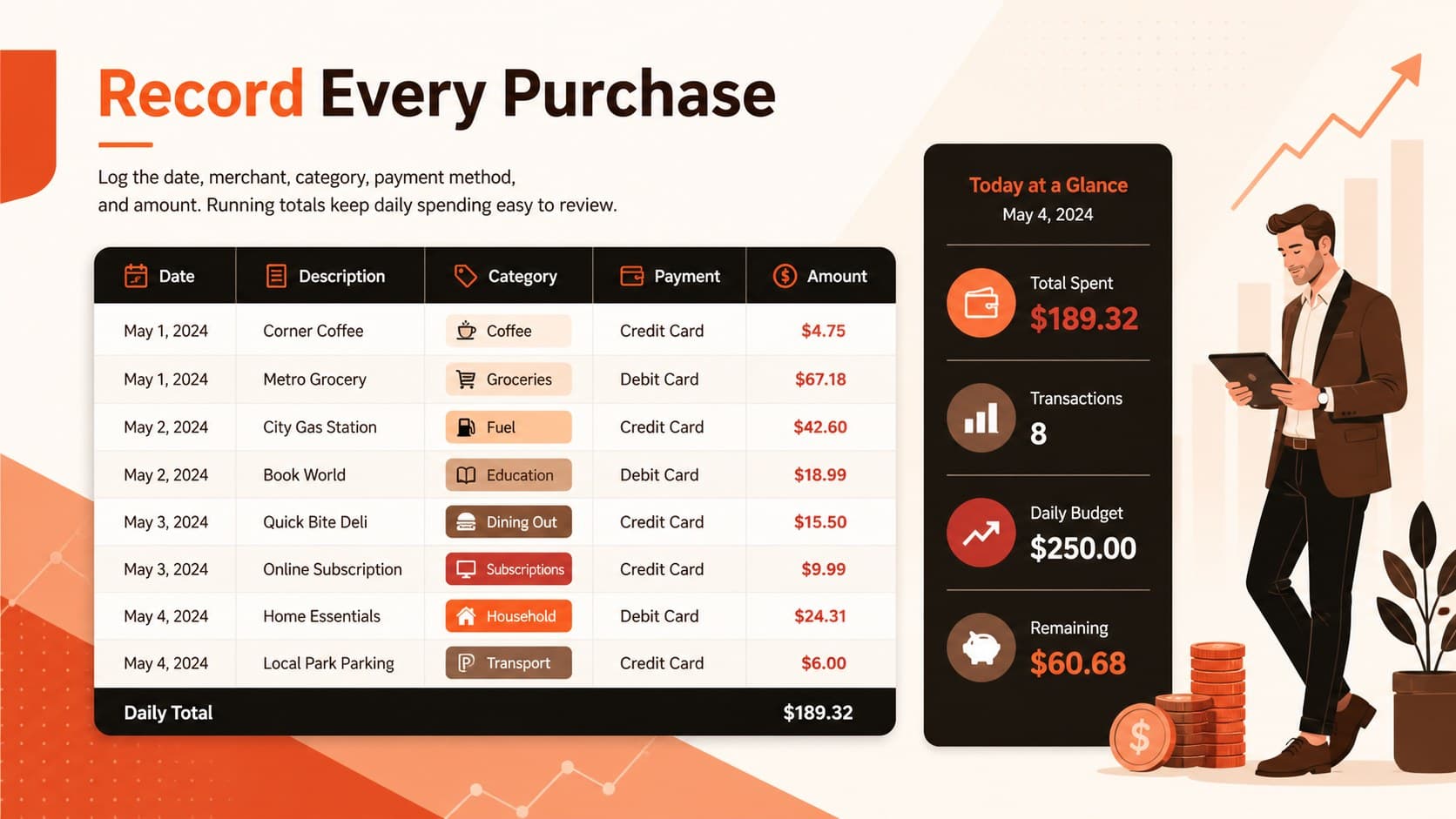 Personal finance tracking spreadsheet preview showing categorized transactions, payment details, and running expense totals.