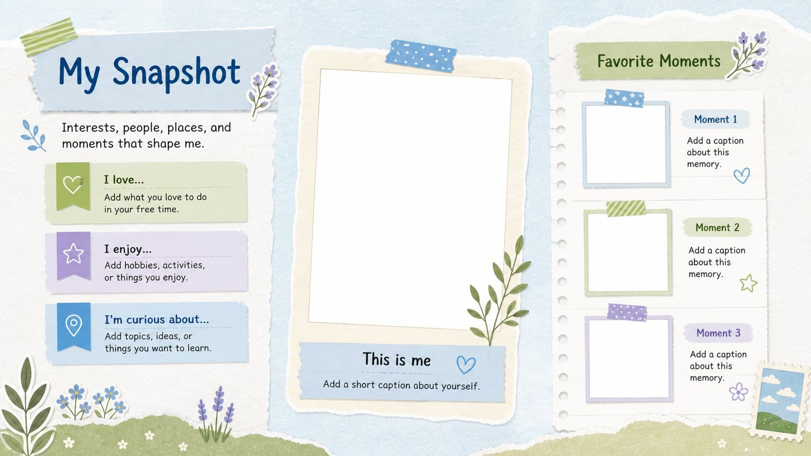 Editable student identity collage activity slide with labeled photo frames, interests, and personal details.