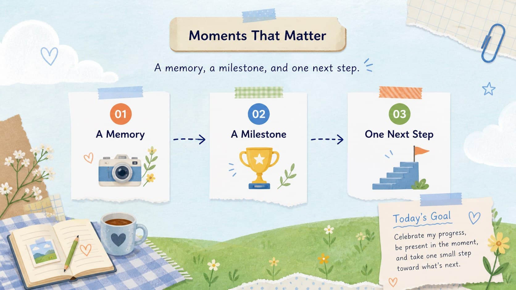 Creative student profile presentation slide showing memories, goals, and a colorful collage of personal milestones.