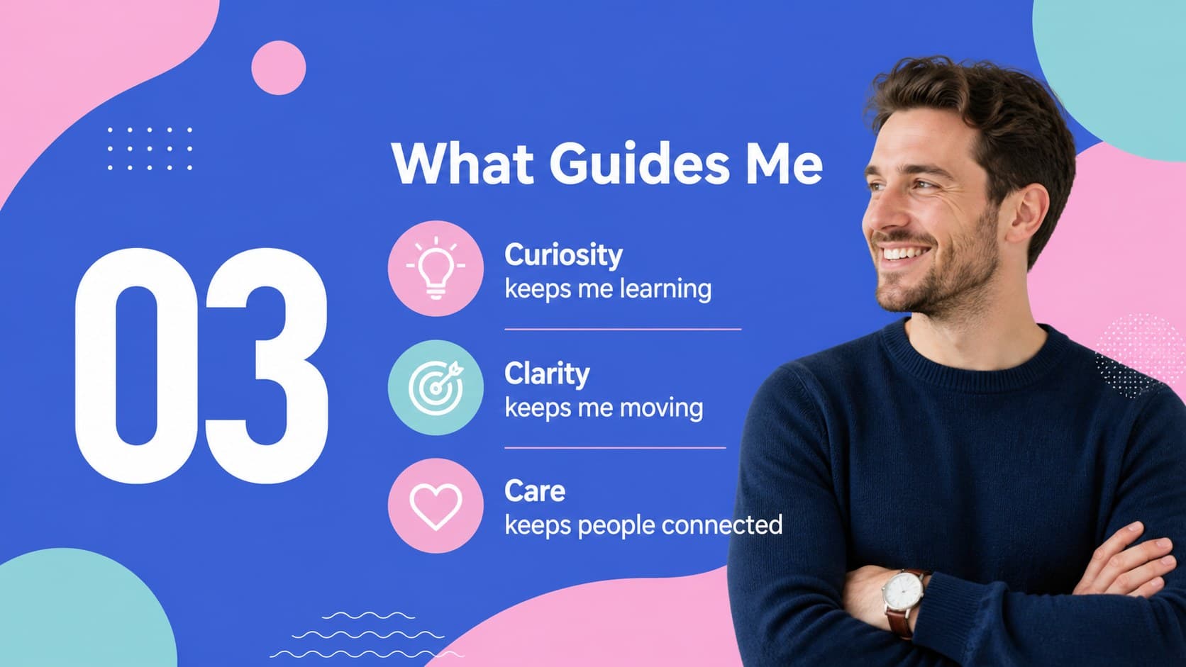 Values slide pairing personal principles with colorful geometric visual elements.