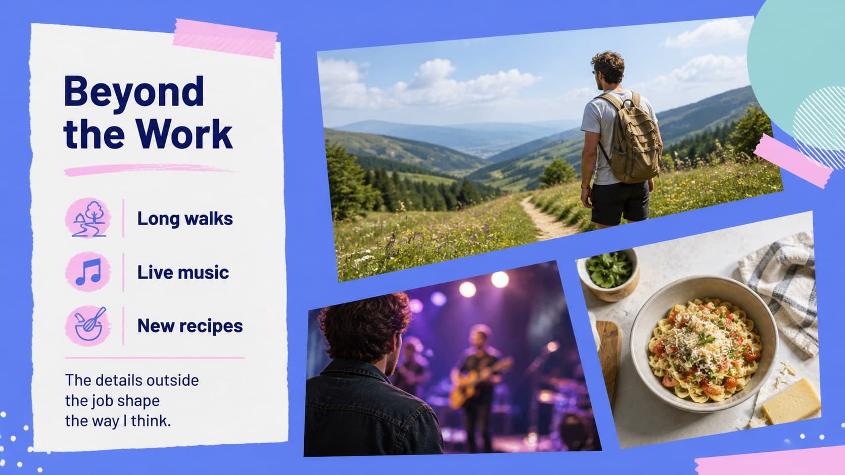 Personal interests slide using photo placeholders and graphic shapes to show personality beyond work.