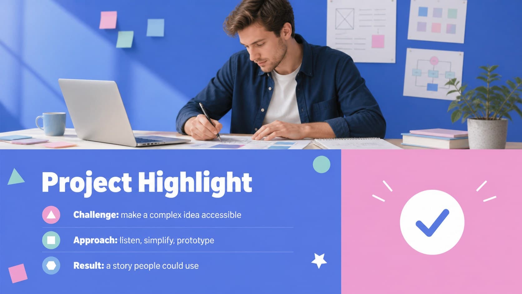 Project highlight slide describing a selected piece of work in an editable personal portfolio presentation.