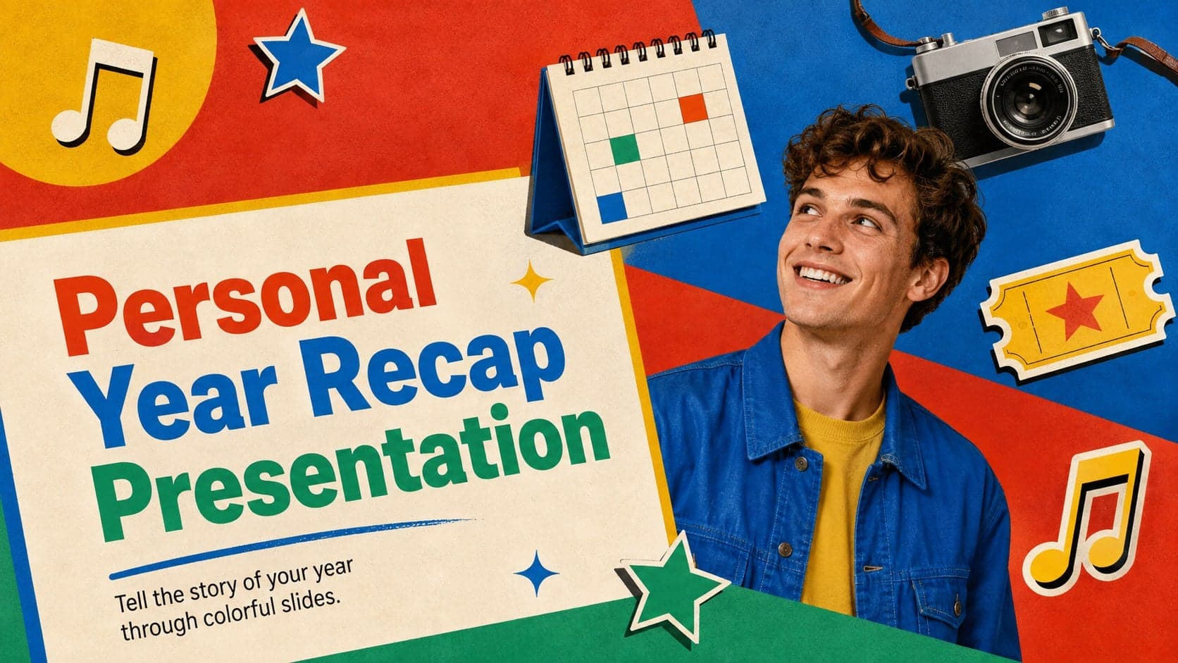 Cover of a colorful personal year recap presentation with bold typography and playful memory-themed graphics.