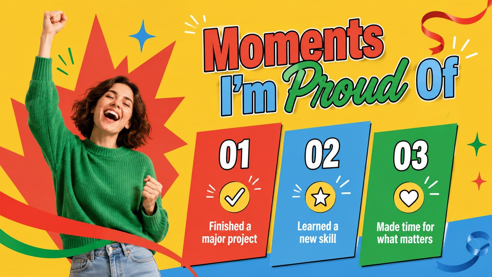 Personal milestones PowerPoint template slide featuring three proud achievements in a bold editorial layout.
