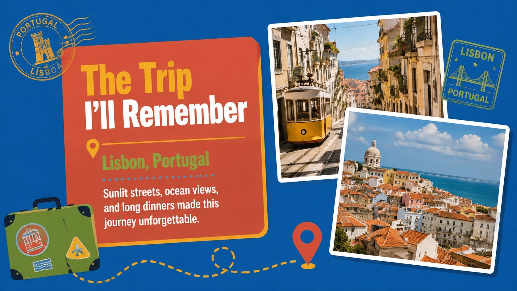 Colorful personal recap slide highlighting a memorable trip with photos, a route, and travel notes.