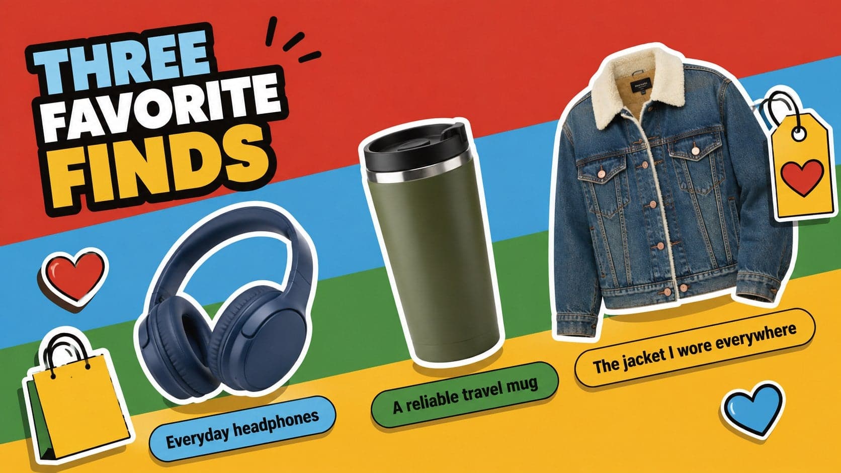Bold year-in-review slide displaying three favorite purchases with product photos and short captions.