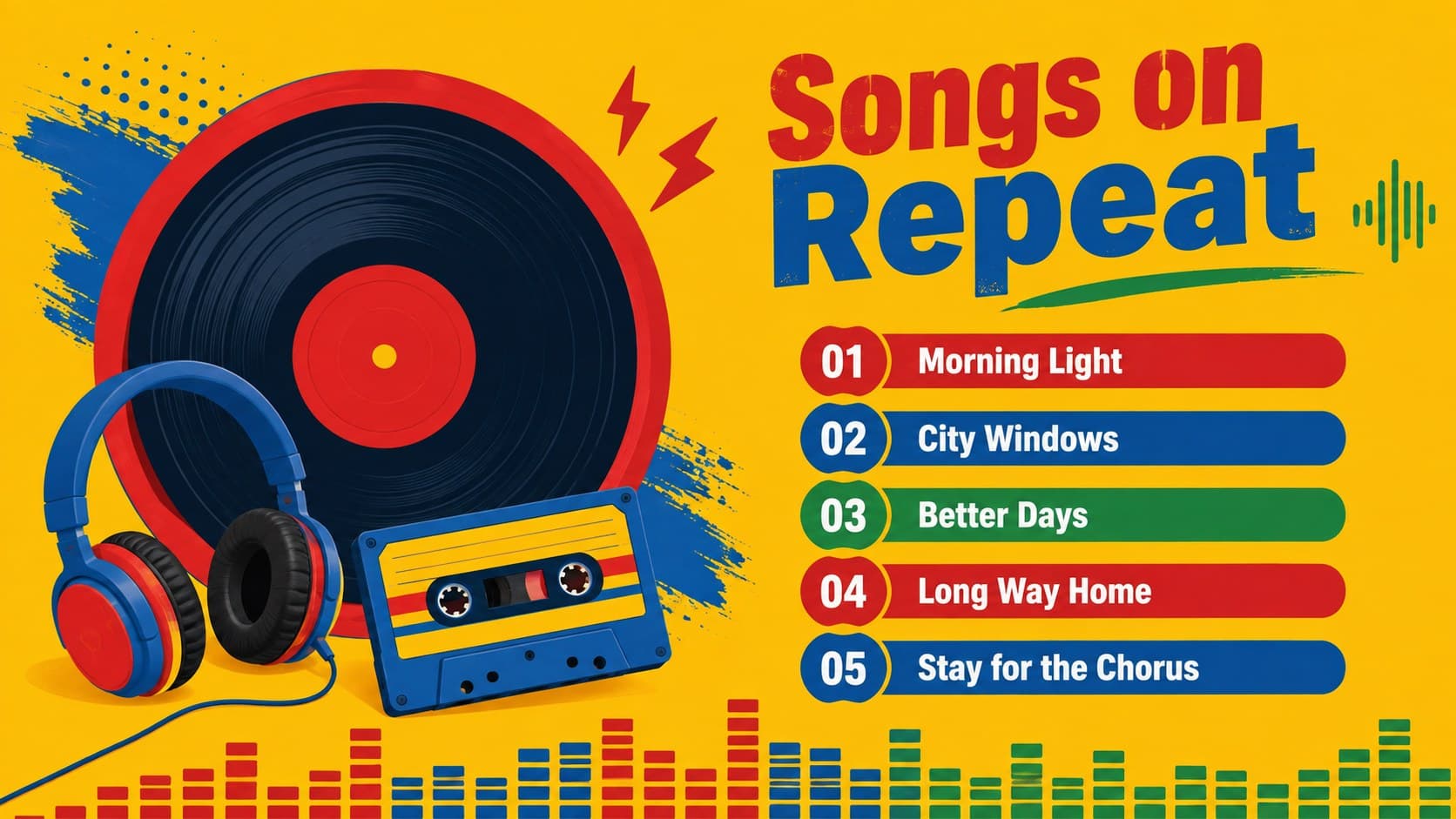 Personal annual reflection slide featuring a colorful playlist with five songs and music-inspired graphics.