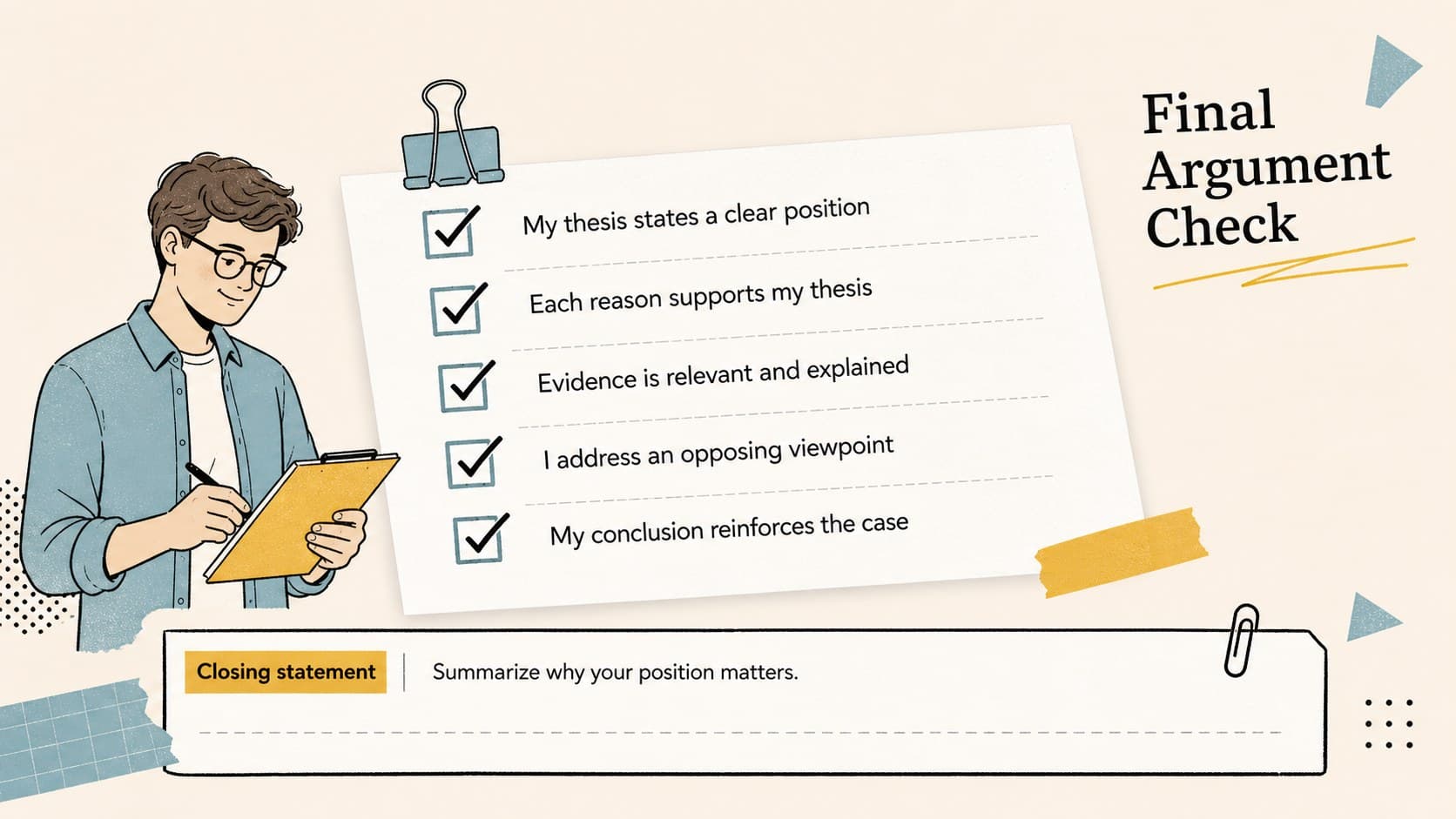 Editable argument structure worksheet with a final checklist for thesis, evidence, counterargument, and conclusion.