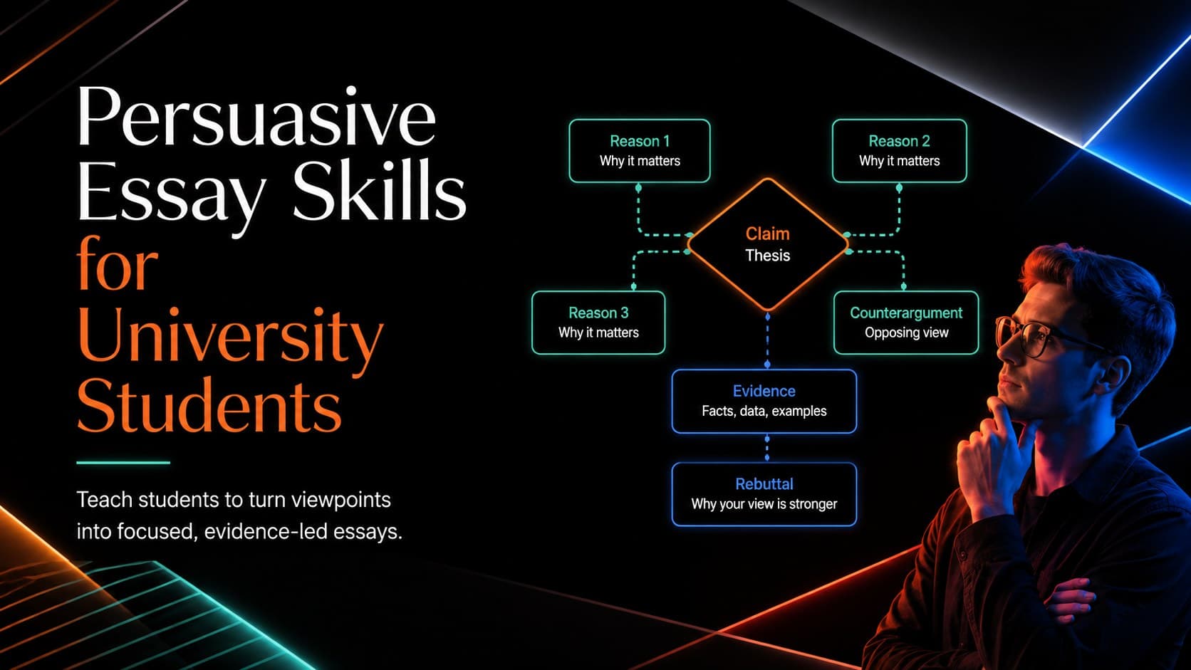 Black neon cover for the Persuasive Essay Skills for University Students presentation.