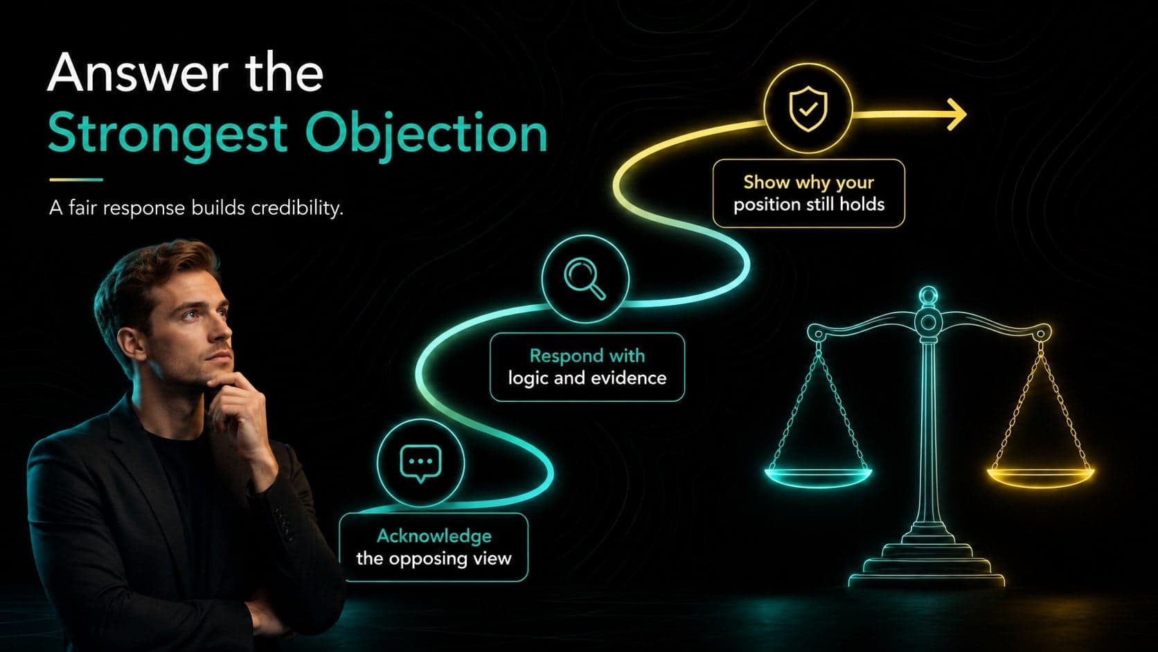 Evidence and counterargument lesson slide mapping objection, response, and impact.