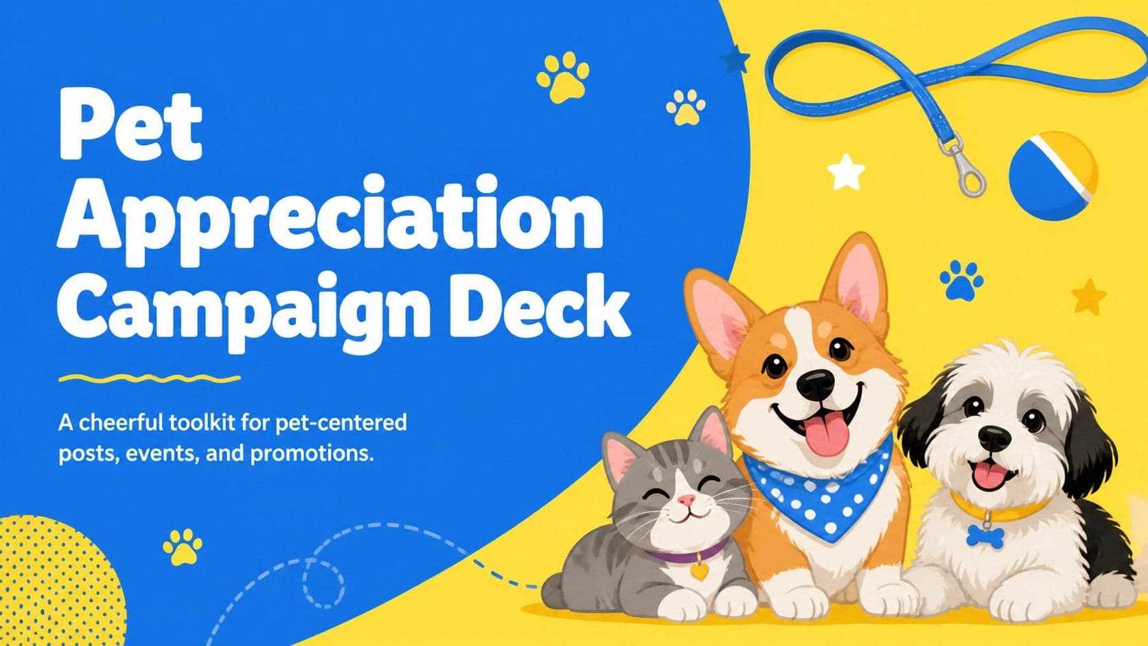 Cover of a pet appreciation campaign deck with cheerful original dog and cat illustrations in blue and yellow.