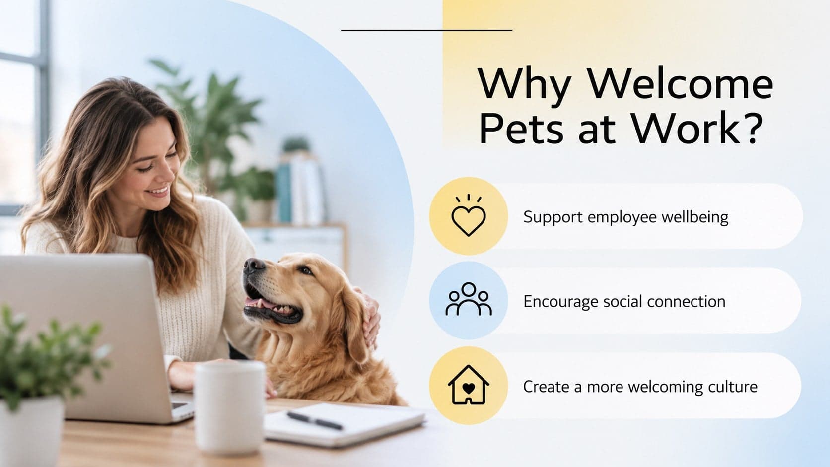 Pet-friendly office program slide presenting benefits for employees, teams, and workplace culture.