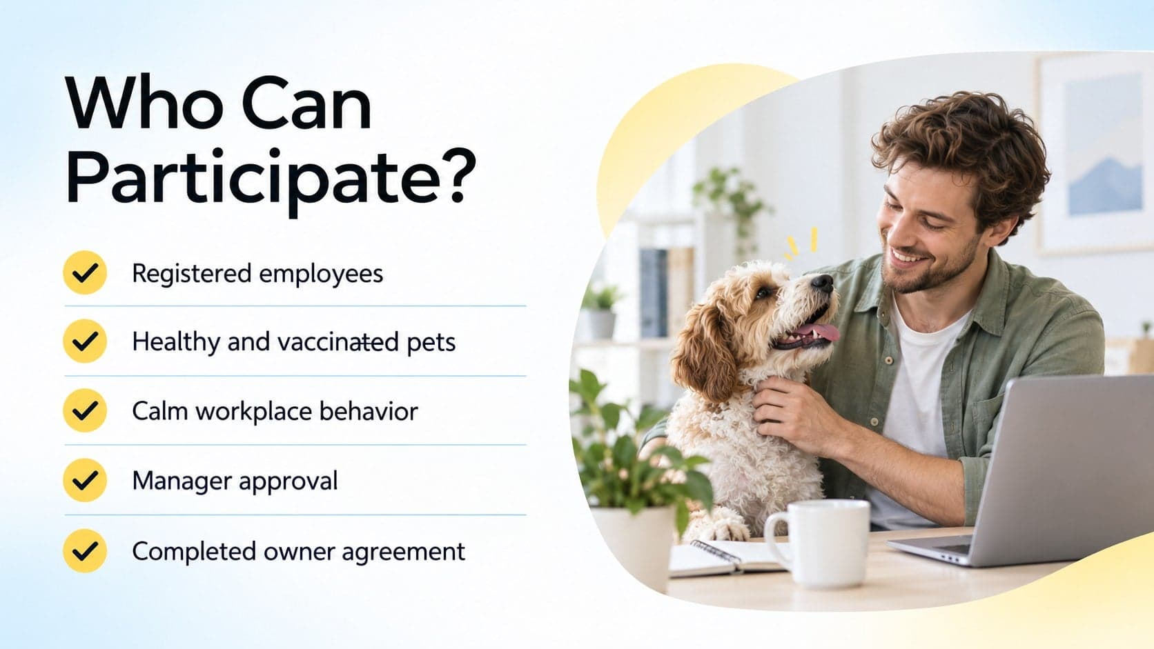 Eligibility checklist for workplace animal rules covering registration, health, and behavior.