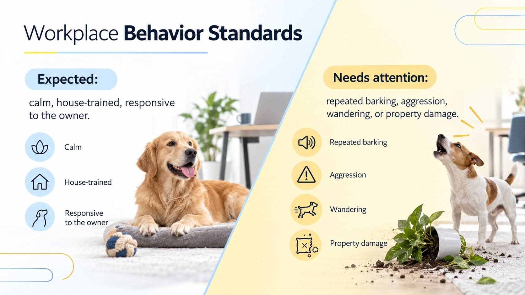 Office dog policy slide listing expected pet behavior and warning signs.
