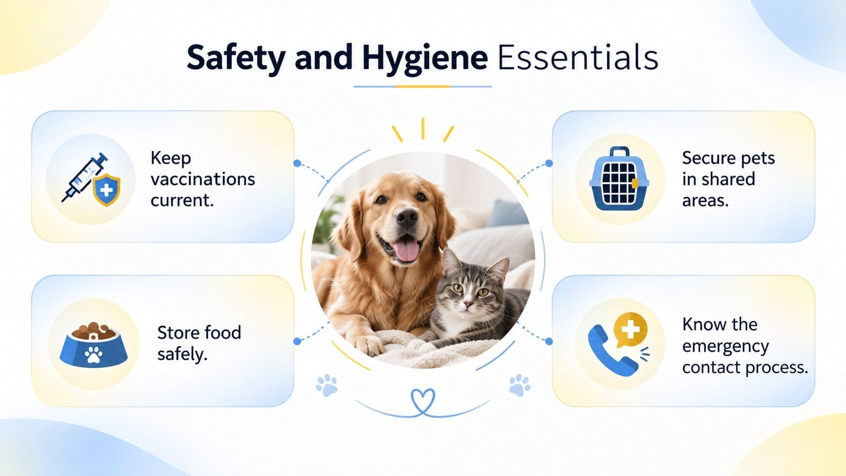 Employee pet safety training slide covering hygiene, secure movement, and emergency readiness.