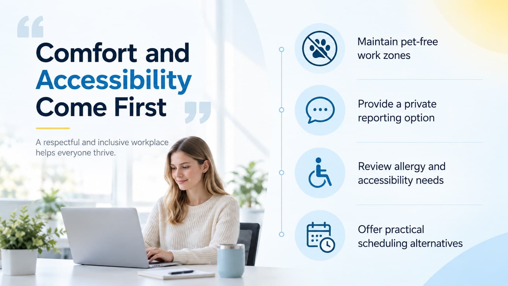 Inclusive workplace slide explaining allergy, accessibility, and employee comfort accommodations.