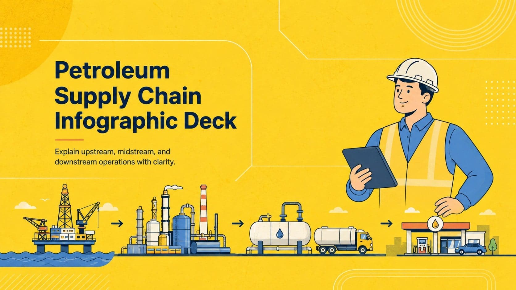 Cover of a petroleum supply chain infographic deck with yellow industrial illustrations and a clear business title.