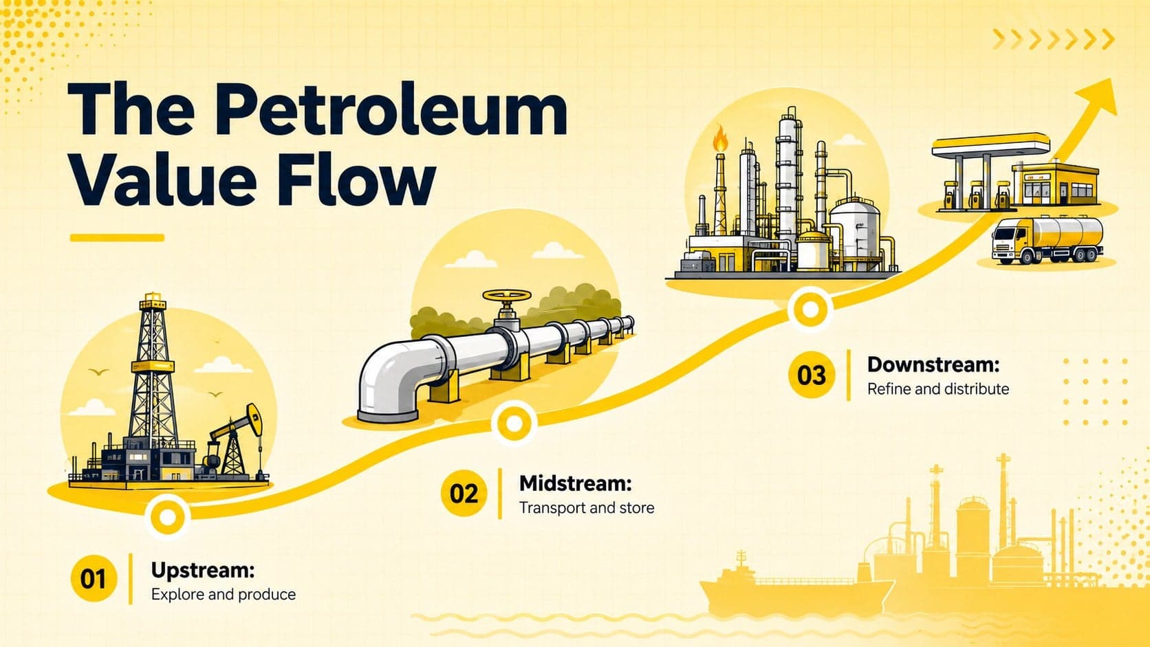 Yellow petroleum value flow infographic mapping upstream, midstream, and downstream operations.