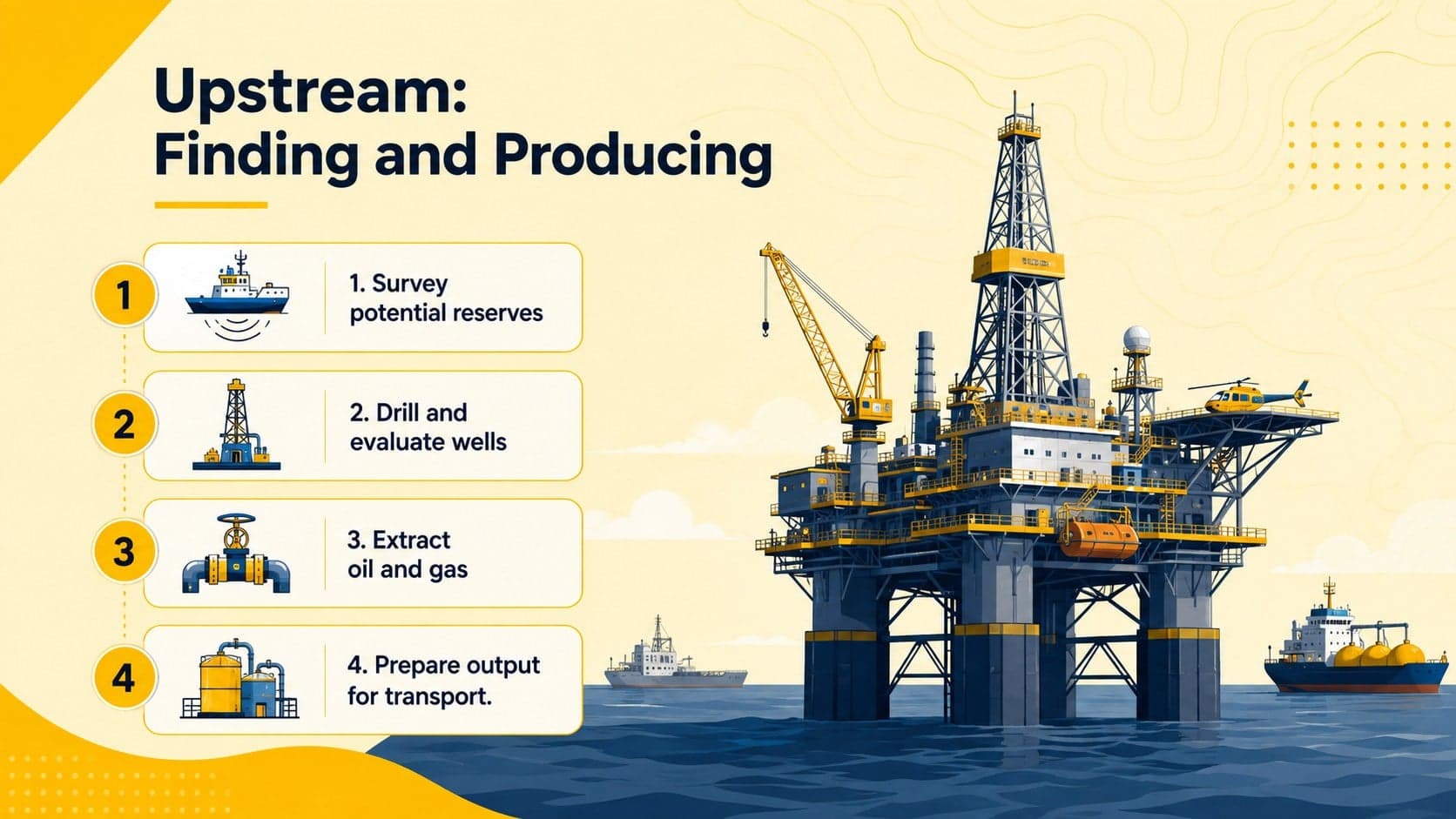 Upstream petroleum operations slide showing exploration, drilling, production, and field processing.
