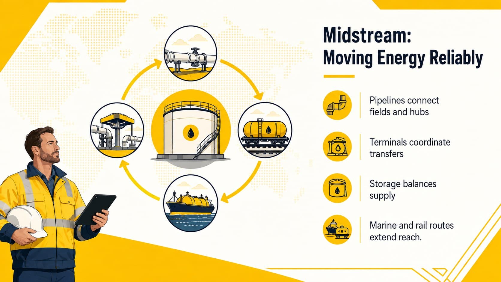Midstream petroleum logistics infographic featuring pipelines, tankers, terminals, and storage facilities.