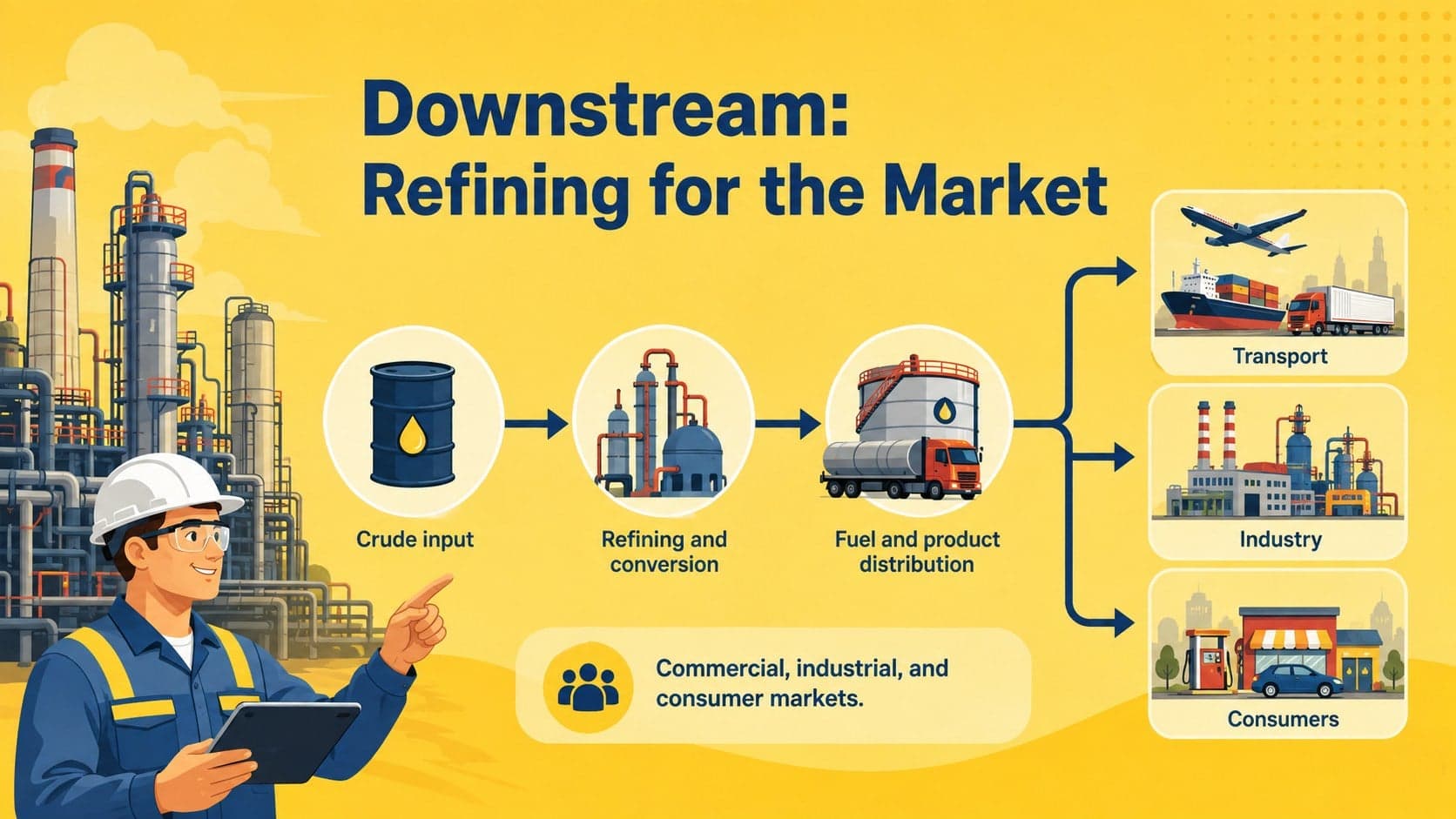 Downstream oil industry process flow diagram explaining refining, distribution, and customer markets.