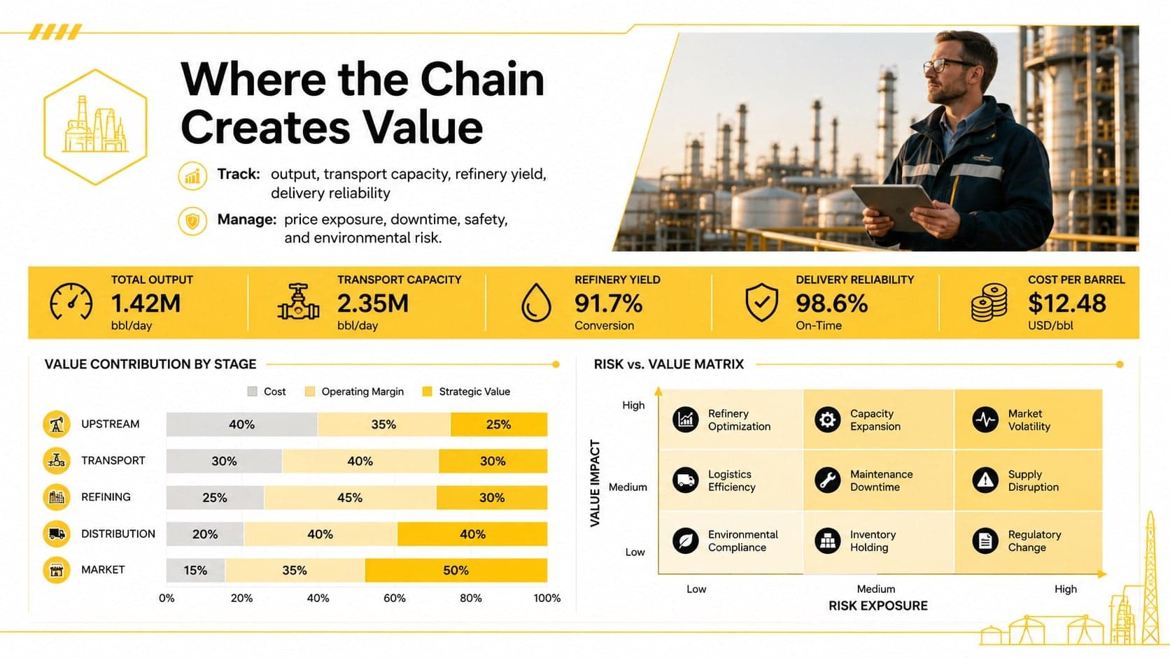 Petroleum supply chain performance slide comparing value drivers, operational risks, and key metrics.