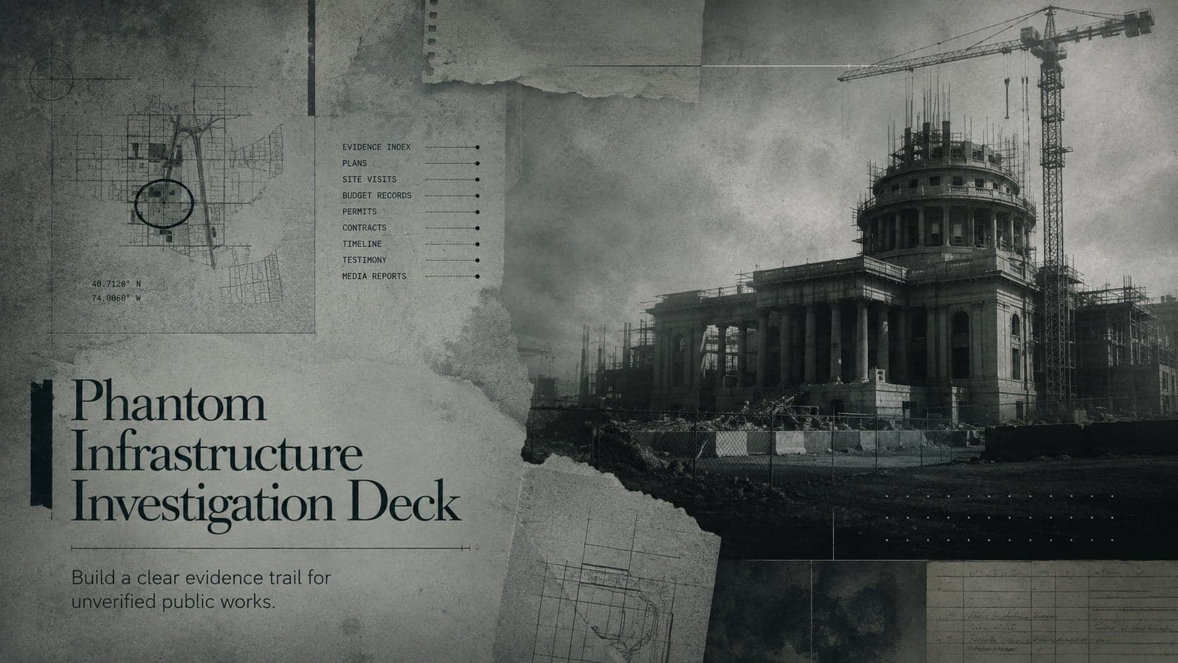 Cover of the Phantom Infrastructure Investigation Deck with a shadowed unfinished structure and an editorial grey evidence-file design.