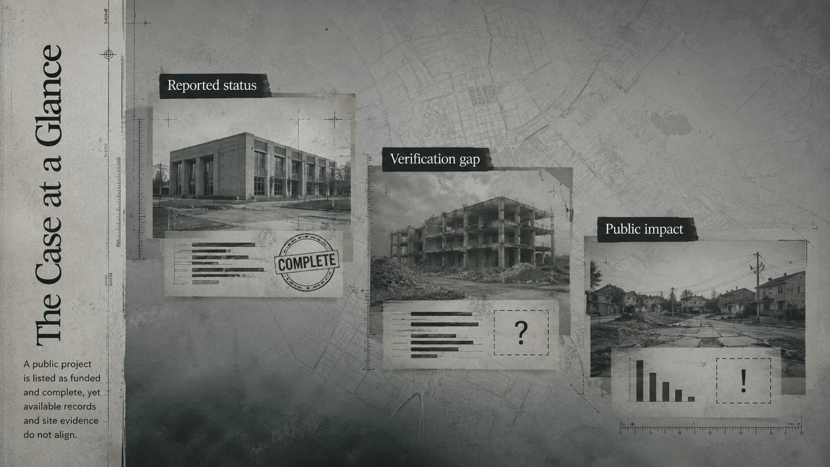 Public works investigation overview slide listing the central question, reported status, and verification gap.
