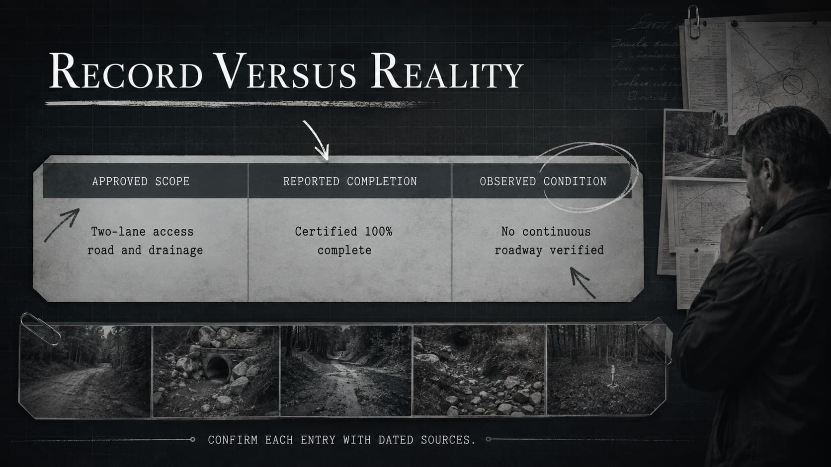 Project record comparison slide contrasting approved scope, reported completion, and observed site conditions.