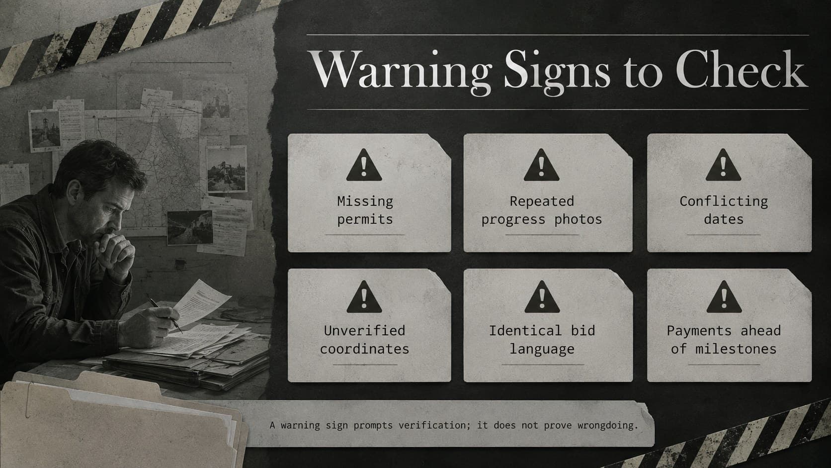 Missing public works report slide presenting warning signs such as absent permits, repeated photos, and inconsistent milestones.
