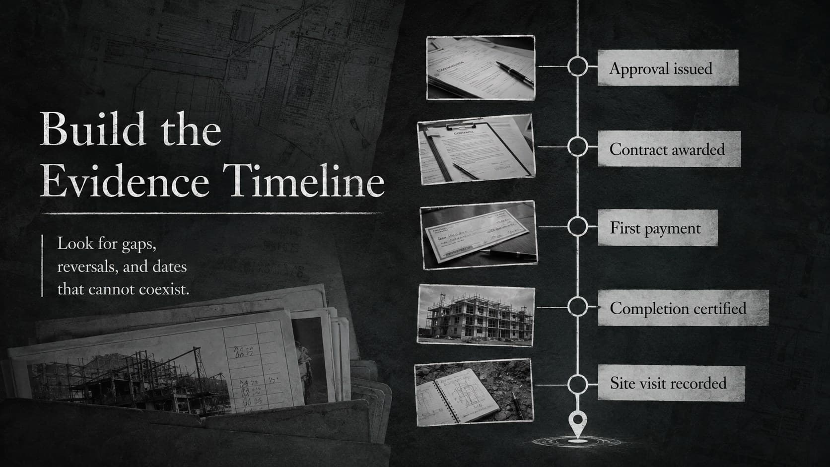 Municipal project evidence timeline showing approval, contract award, payment, inspection, and site verification milestones.