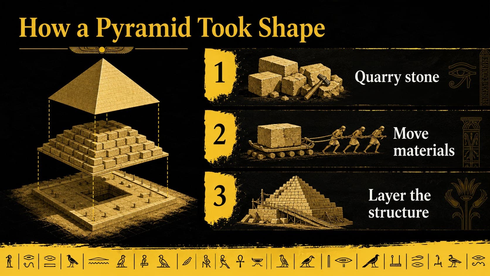 Pyramid construction history presentation slide explaining how monumental tombs were built.