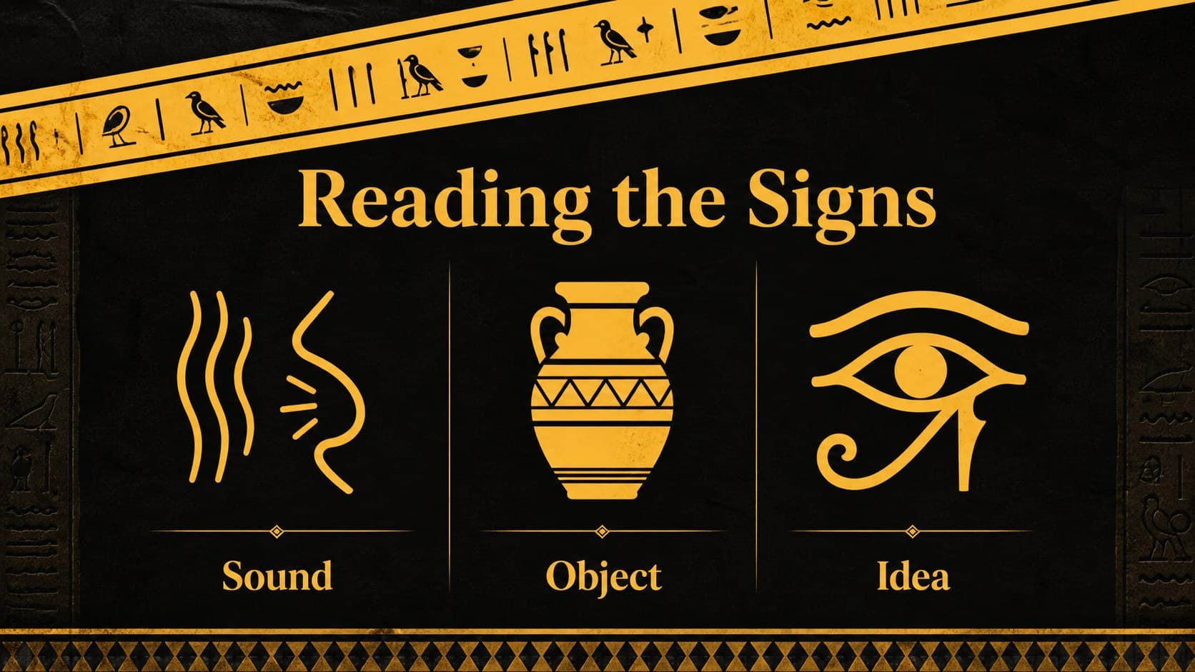 Hieroglyphics teaching slideshow with enlarged symbols and simple explanations for students.