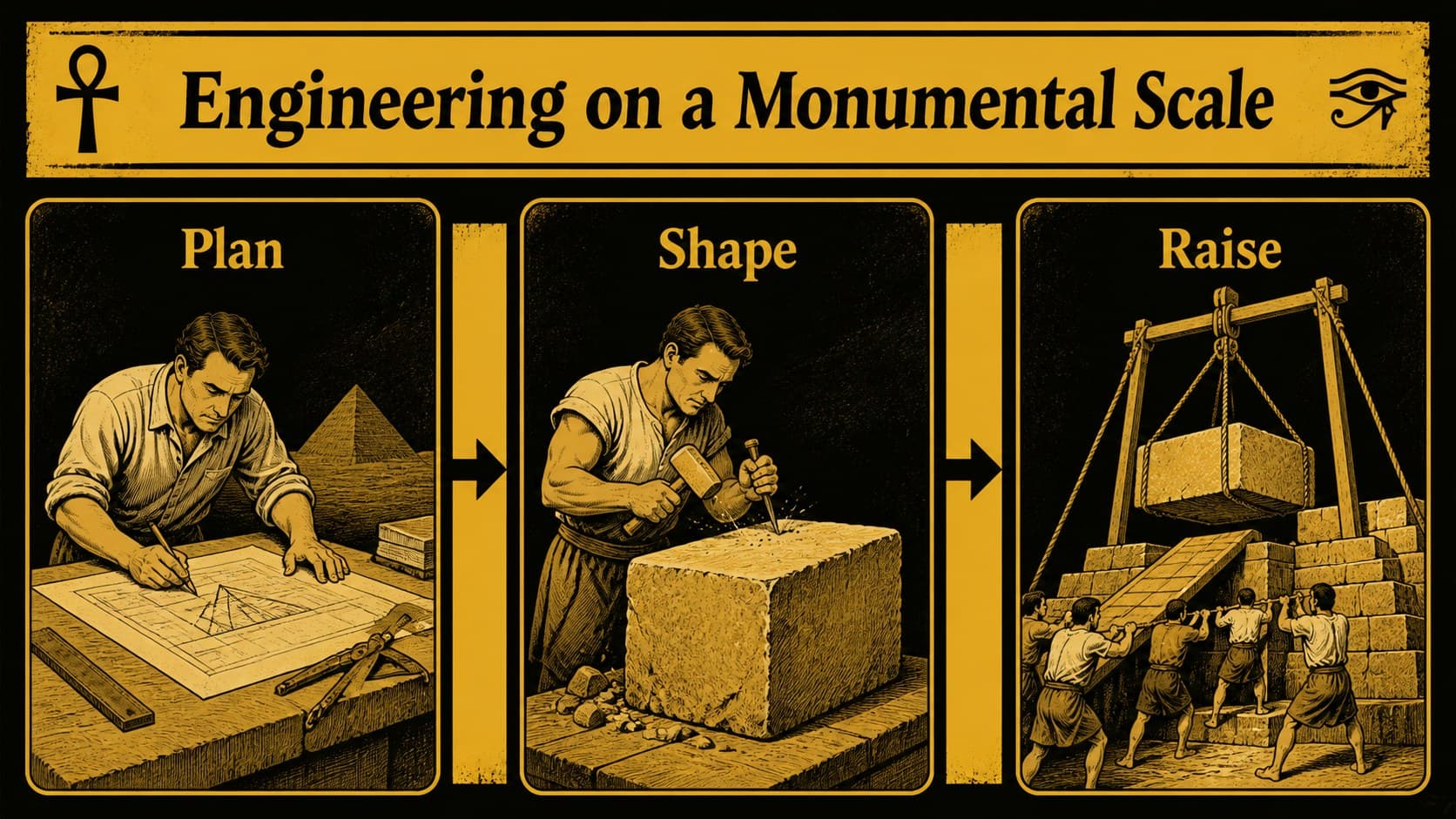Pyramid construction presentation slide showing tools, materials, and coordinated labor.