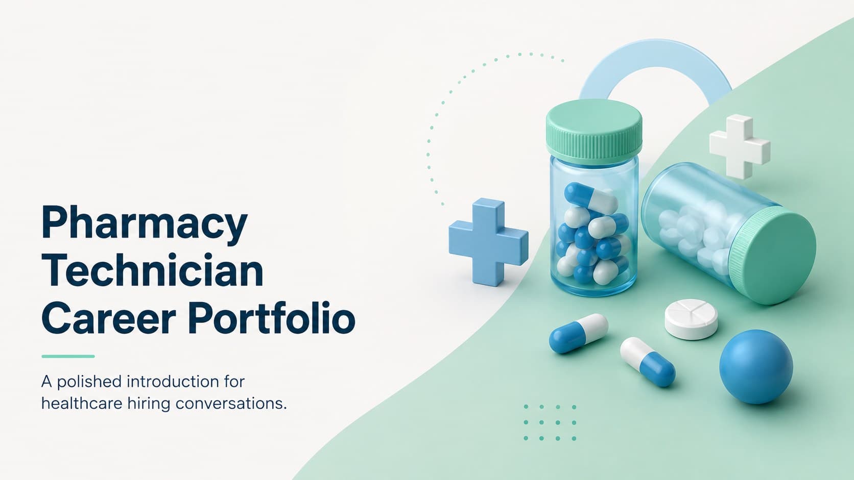 Cover of a pharmacy technician career portfolio with blue, green, and white 3D healthcare graphics.