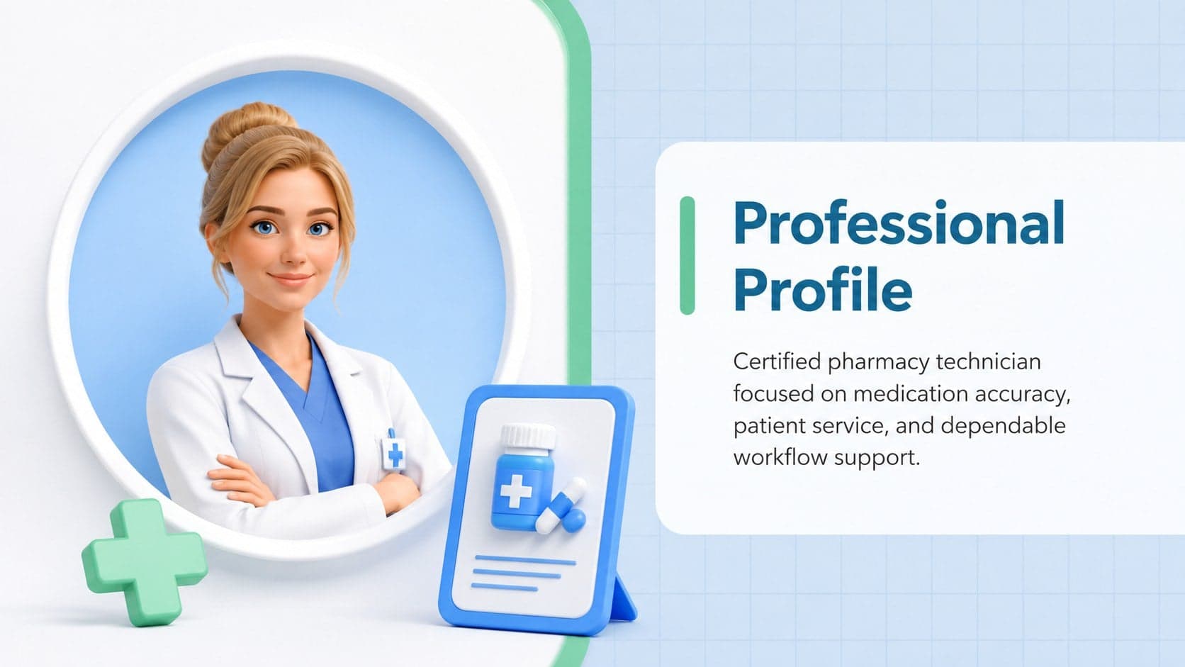 Professional profile slide for a pharmacy technician interview presentation with a portrait and concise career summary.