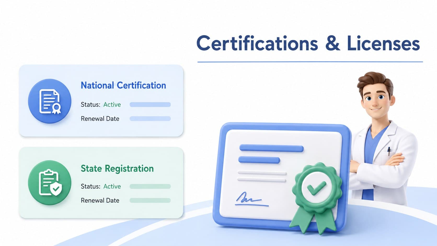 Pharmacy certification portfolio slide displaying credentials, renewal dates, and current status.