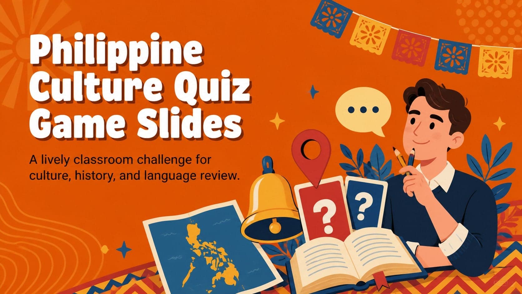 Cover for Philippine Culture Quiz Game Slides with bright orange illustrations and a classroom challenge subtitle.