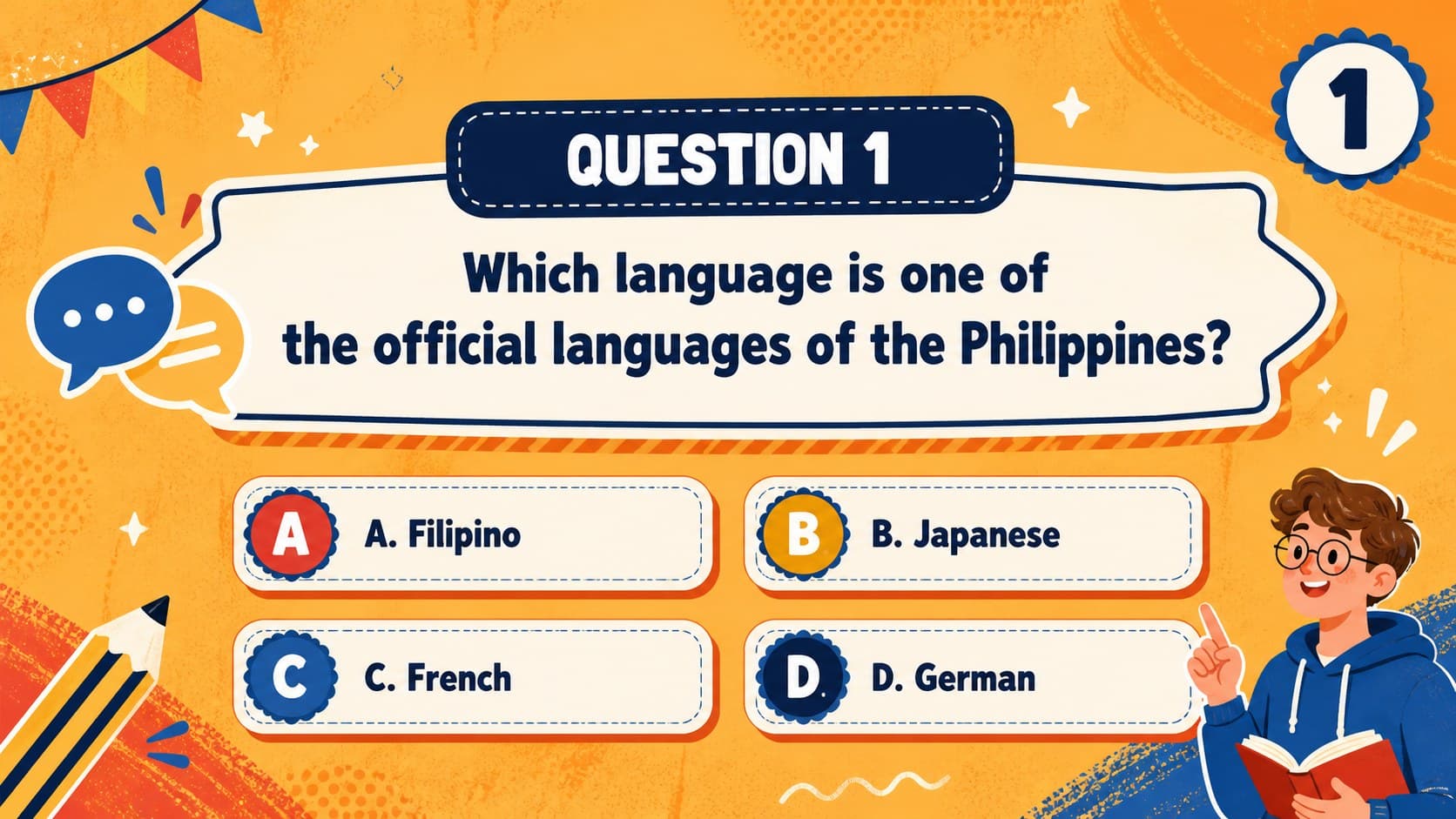 Multiple-choice Philippine culture quiz slide about the national language.
